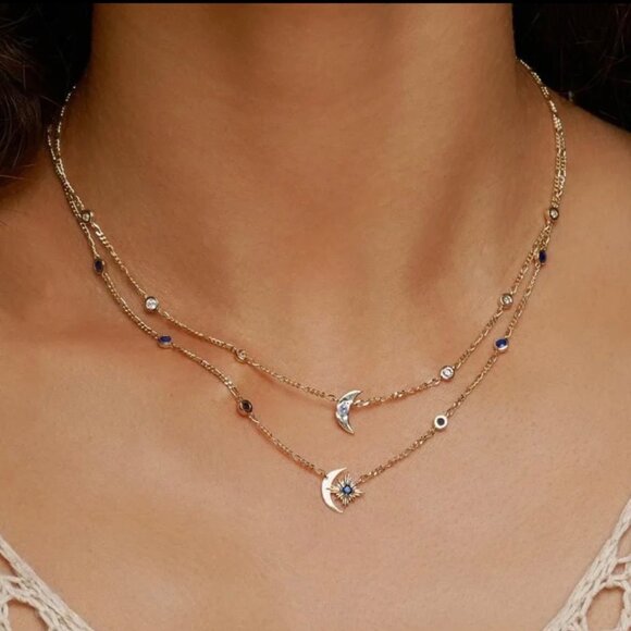 Last Week of Closet! NWT 18K Gold Plated Star Moon Blue Sapphire Necklace 18” - Picture 4 of 16